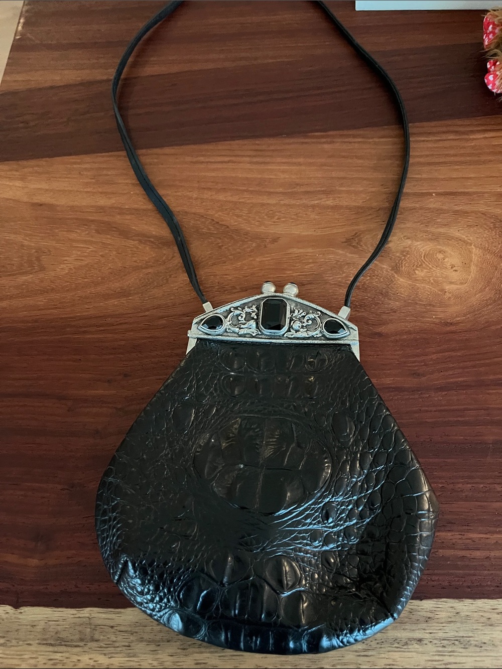 Black Croc-Texture Evening Bag with Silver Accents